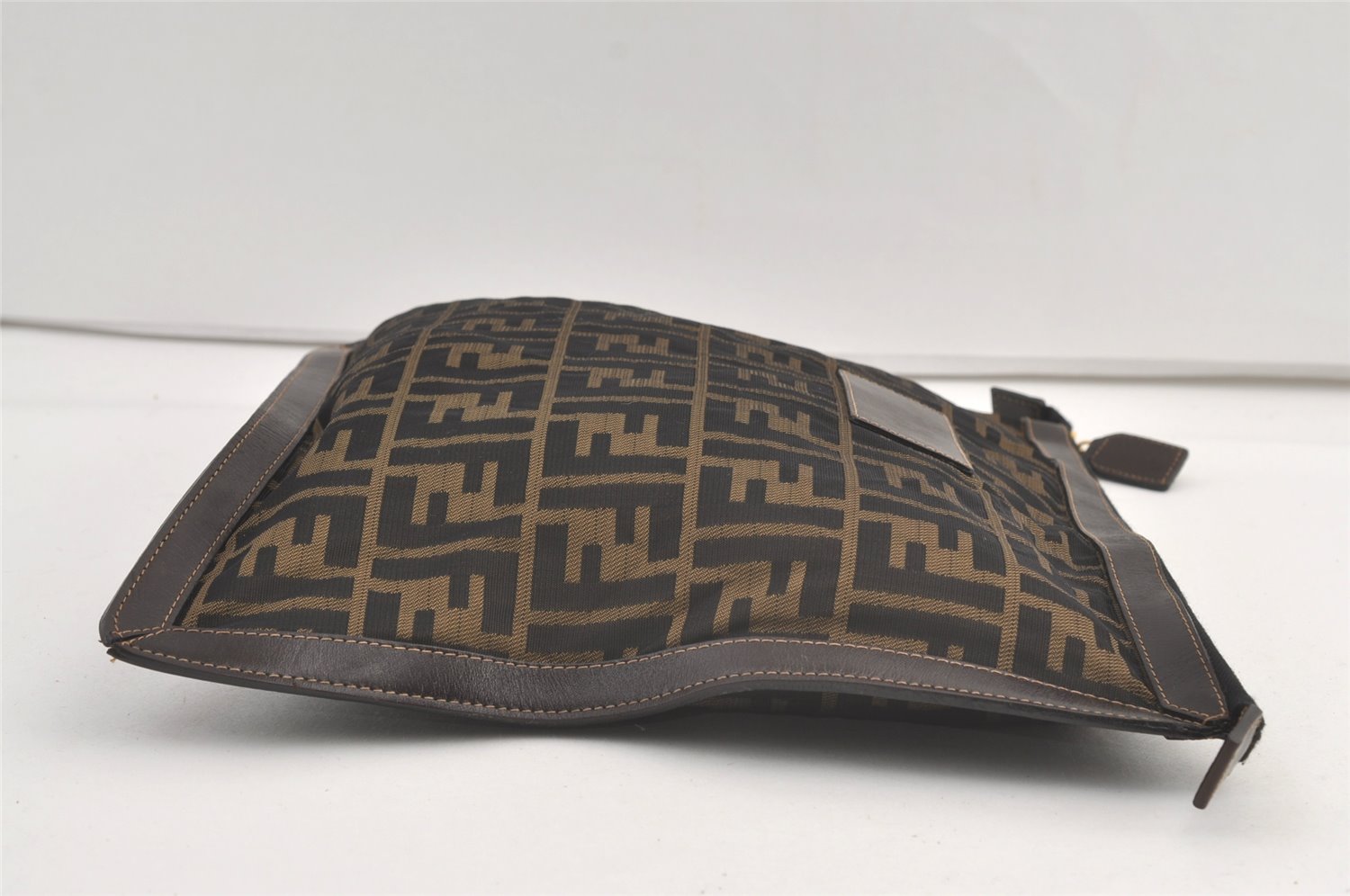 Authentic FENDI Zucca Clutch Hand Bag Purse Nylon Leather Brown Black 9167J