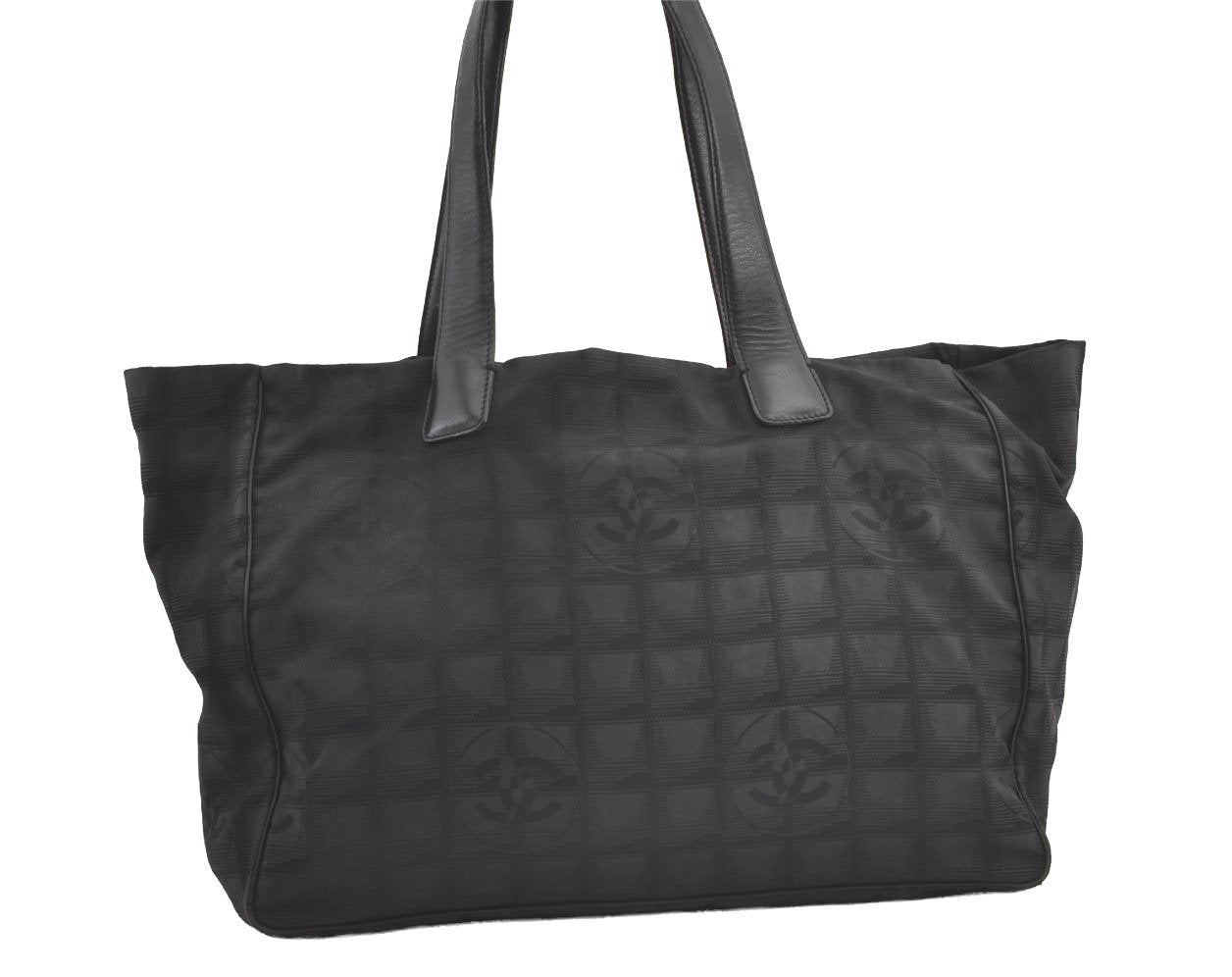 Authentic CHANEL New Travel Line Tote Bag Nylon Leather Black Junk 9173J