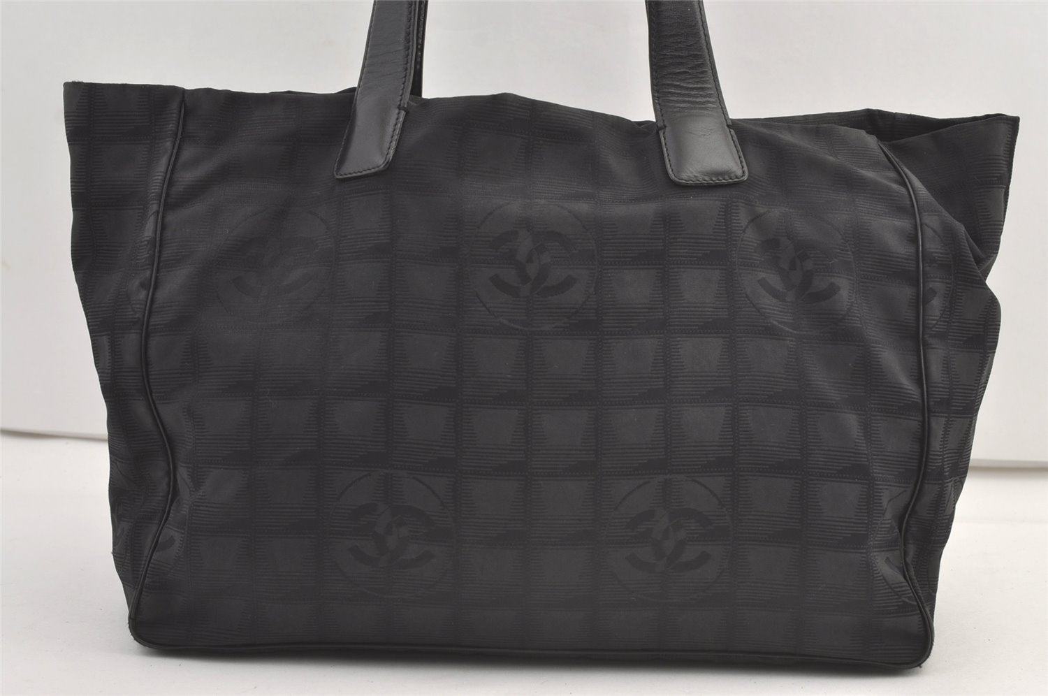 Authentic CHANEL New Travel Line Tote Bag Nylon Leather Black Junk 9173J