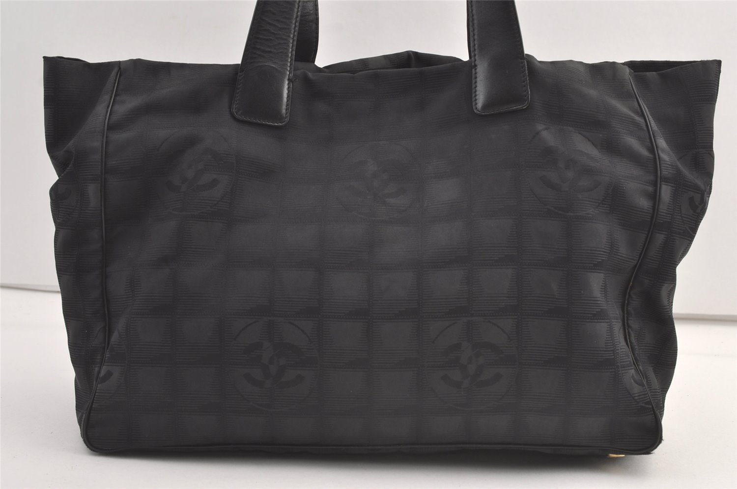 Authentic CHANEL New Travel Line Tote Bag Nylon Leather Black Junk 9173J