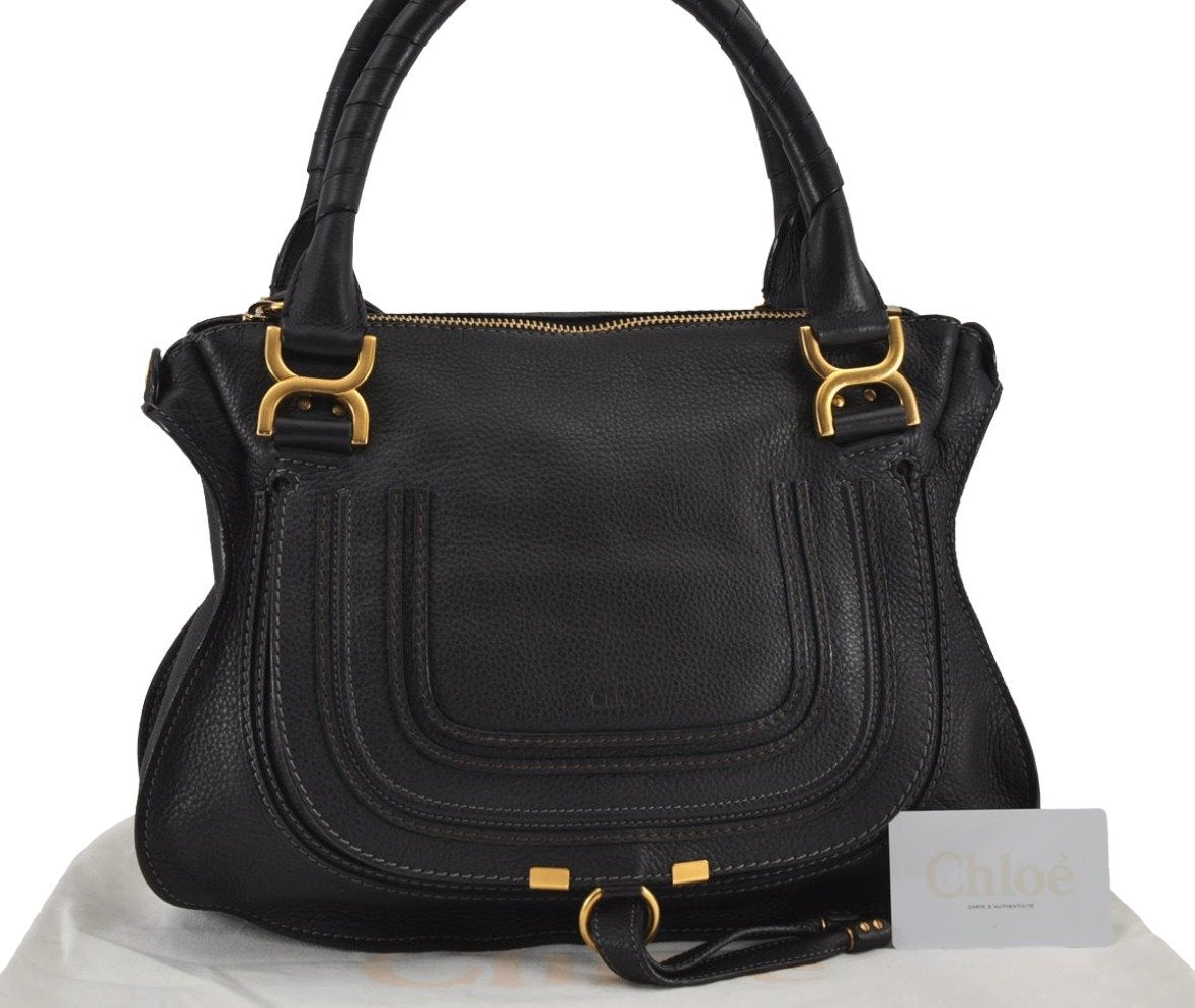 Authentic Chloe Marcie Leather 2Way Shoulder Hand Bag Purse Black 9174J