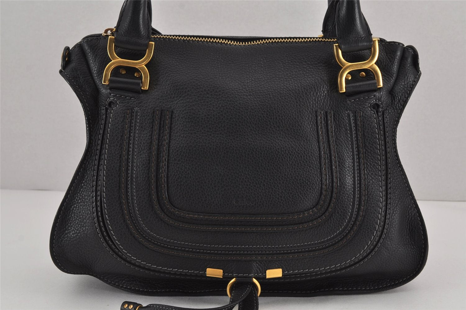 Authentic Chloe Marcie Leather 2Way Shoulder Hand Bag Purse Black 9174J