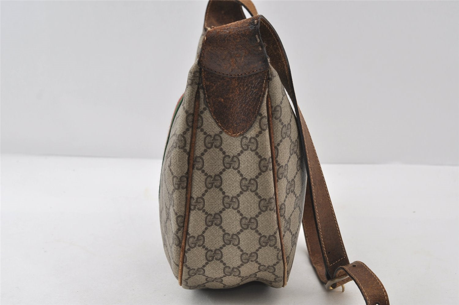 Authentic GUCCI Web Sherry Line Shoulder Bag GG PVC Leather Brown Junk 9178I