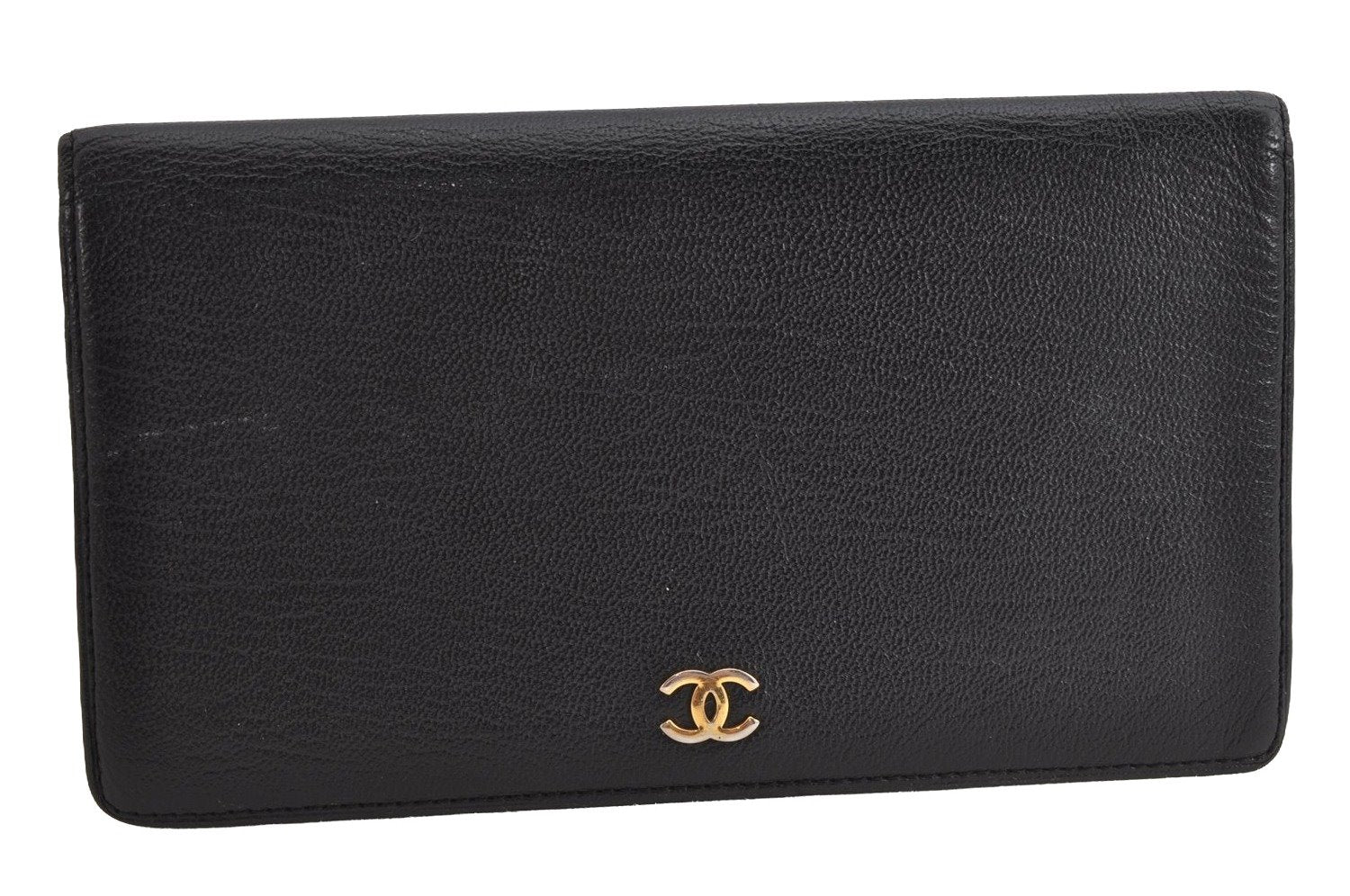 Authentic CHANEL Calf Skin Vintage Long Wallet Purse CC Logo Black 9181J