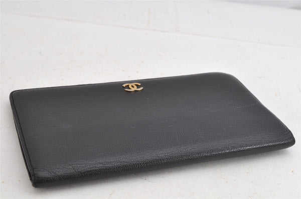 Authentic CHANEL Calf Skin Vintage Long Wallet Purse CC Logo Black 9181J