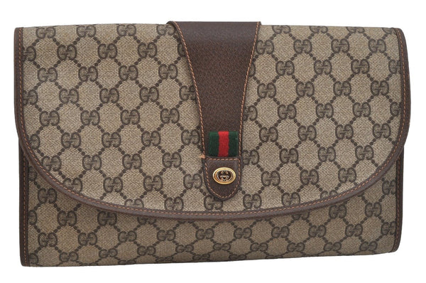 Authentic GUCCI Web Sherry Line Clutch Hand Bag Purse GG PVC Leather Brown 9182I