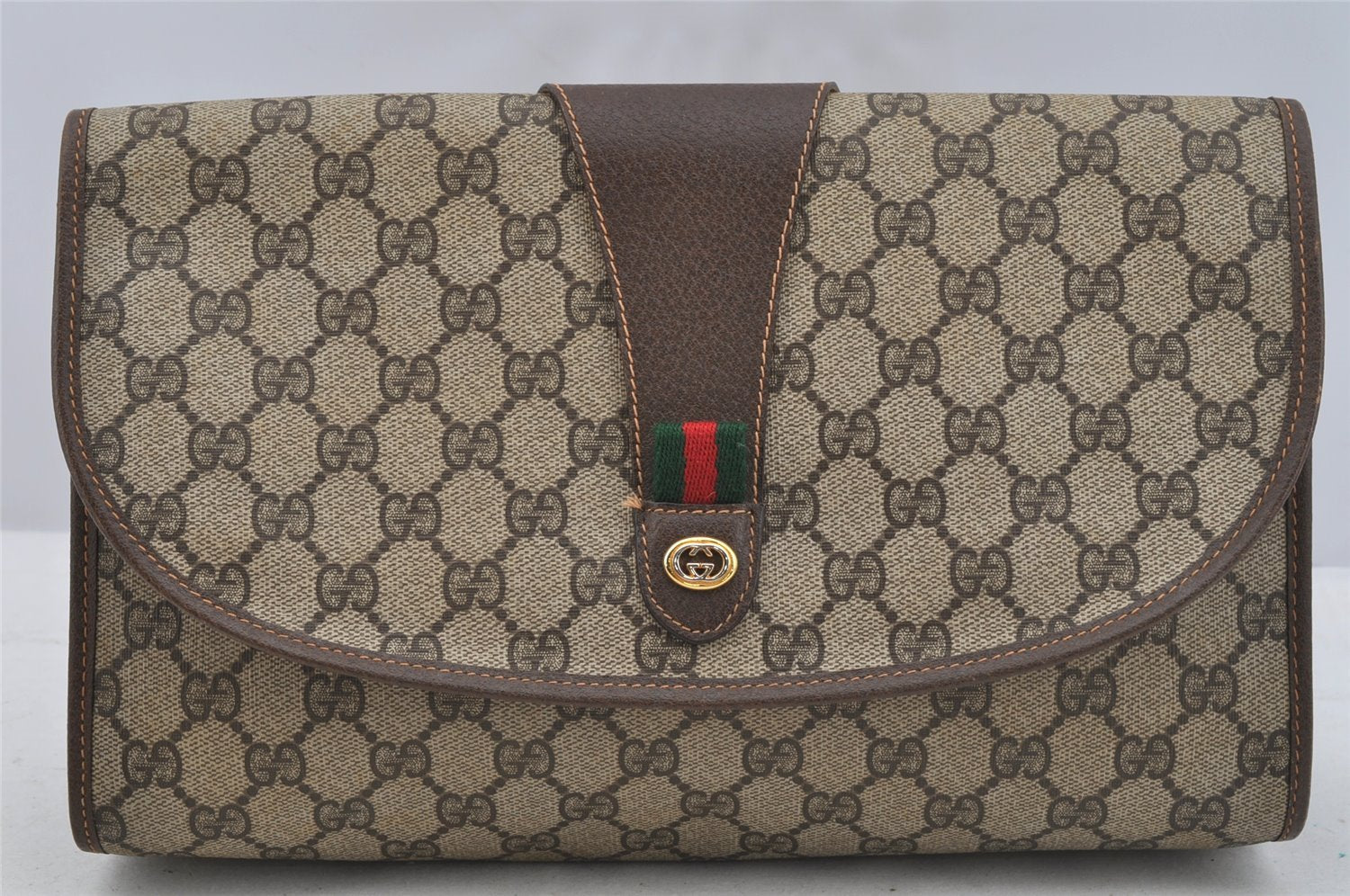 Authentic GUCCI Web Sherry Line Clutch Hand Bag Purse GG PVC Leather Brown 9182I