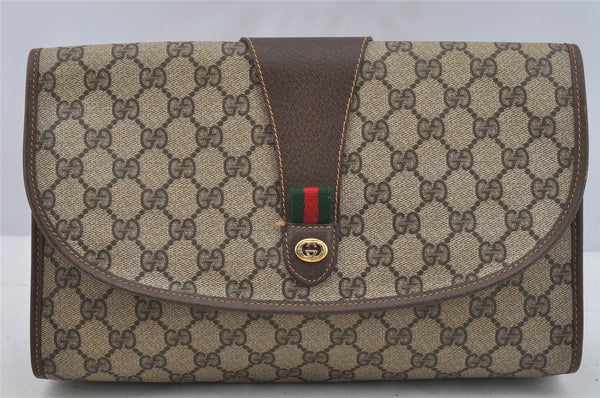 Authentic GUCCI Web Sherry Line Clutch Hand Bag Purse GG PVC Leather Brown 9182I