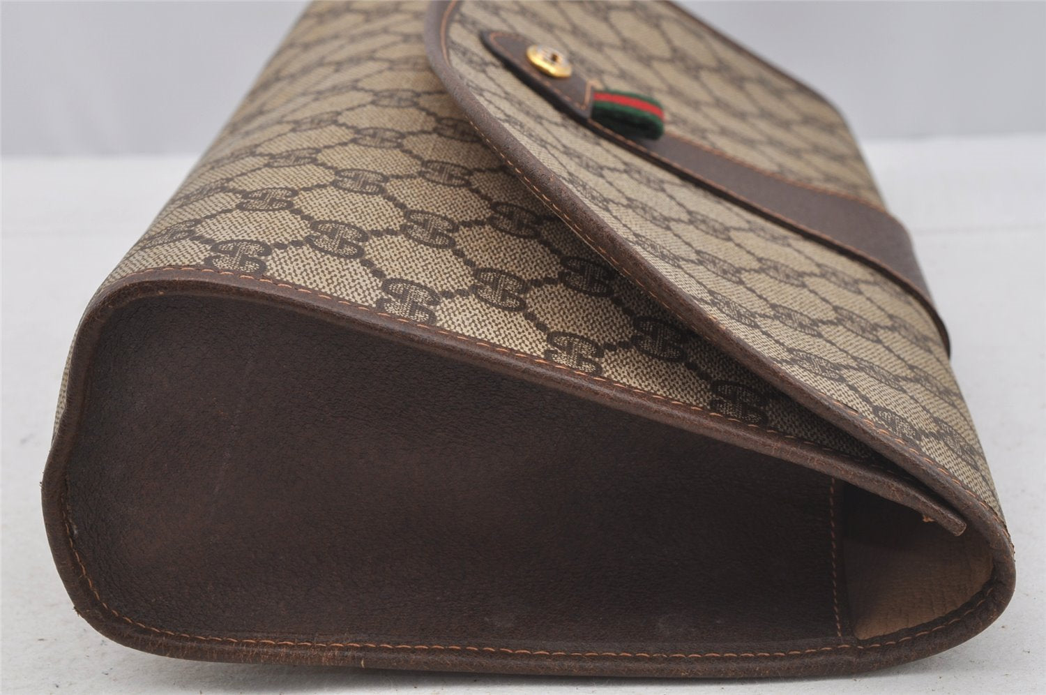 Authentic GUCCI Web Sherry Line Clutch Hand Bag Purse GG PVC Leather Brown 9182I