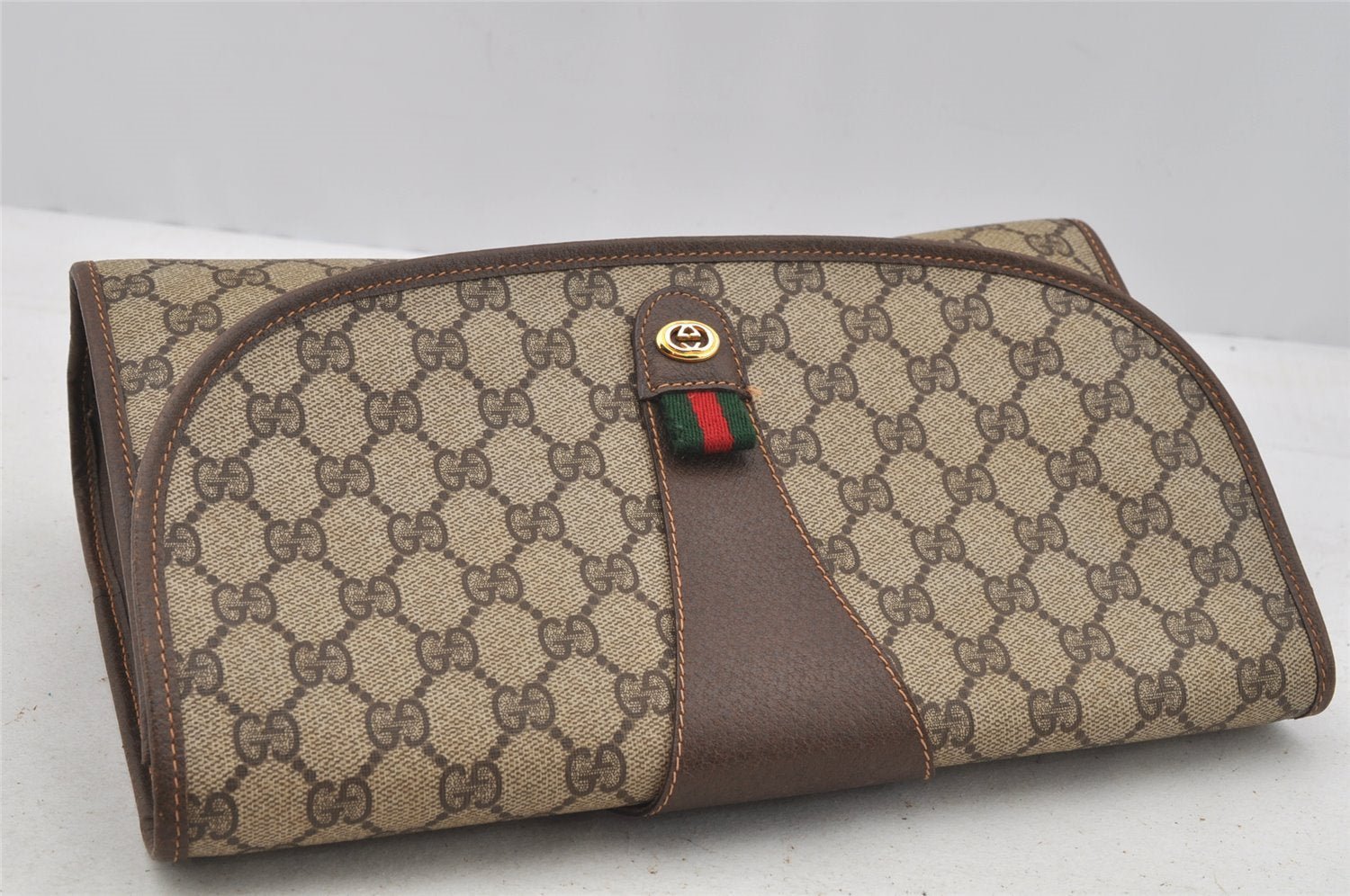 Authentic GUCCI Web Sherry Line Clutch Hand Bag Purse GG PVC Leather Brown 9182I