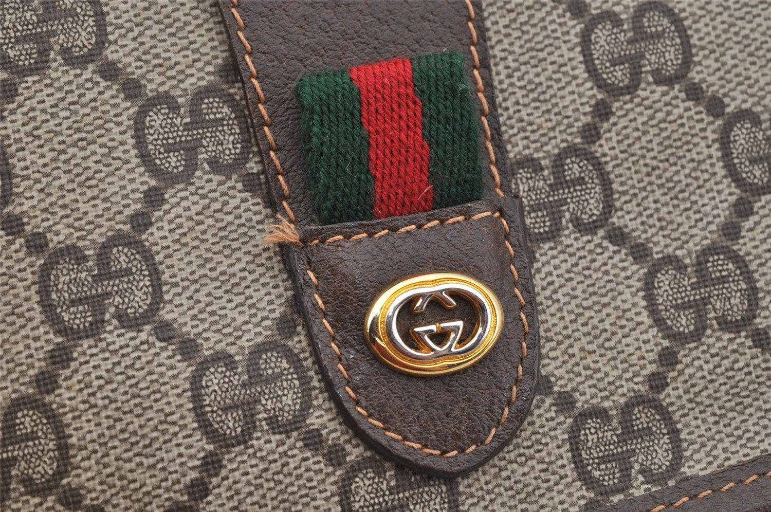 Authentic GUCCI Web Sherry Line Clutch Hand Bag Purse GG PVC Leather Brown 9182I