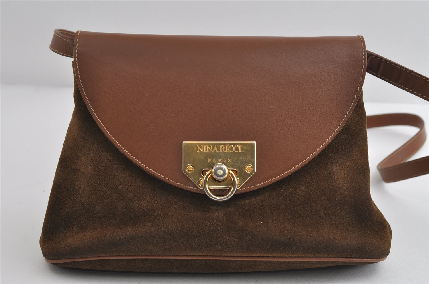 Authentic NINA RICCI Vintage Suede Leather Shoulder Cross Body Bag Brown 9184I