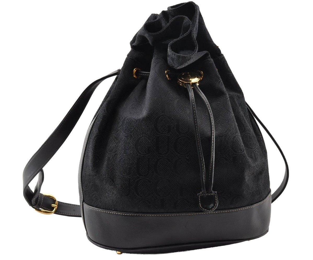 Authentic GUCCI Shoulder Drawstring Cross Bag Canvas Leather Black Junk 9191I
