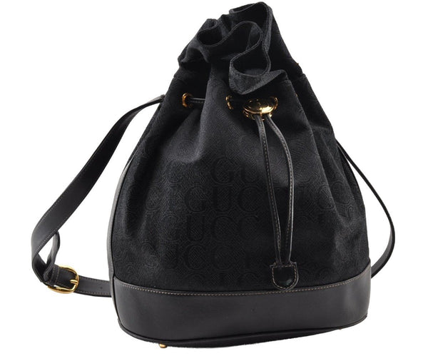 Authentic GUCCI Shoulder Drawstring Cross Bag Canvas Leather Black Junk 9191I