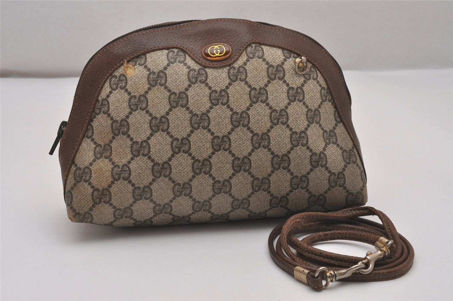 Authentic GUCCI 2Way Shoulder Cross Body Purse GG PVC Leather Brown 9193I