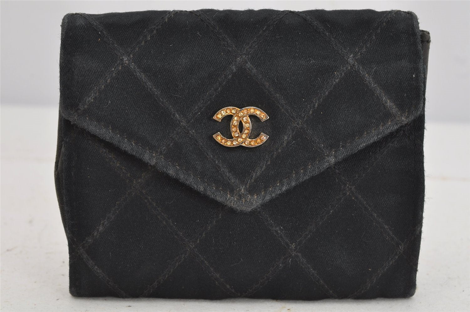 Authentic CHANEL Vintage Bicolore Satin Coin Purse Card Case Black CC Logo 9196J