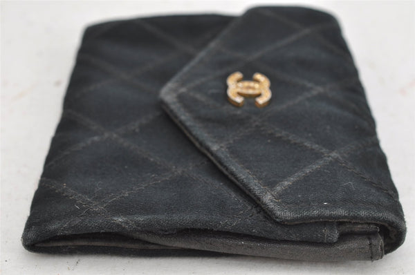 Authentic CHANEL Vintage Bicolore Satin Coin Purse Card Case Black CC Logo 9196J