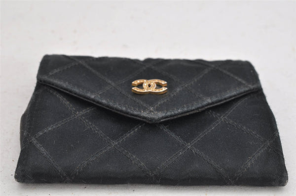 Authentic CHANEL Vintage Bicolore Satin Coin Purse Card Case Black CC Logo 9196J