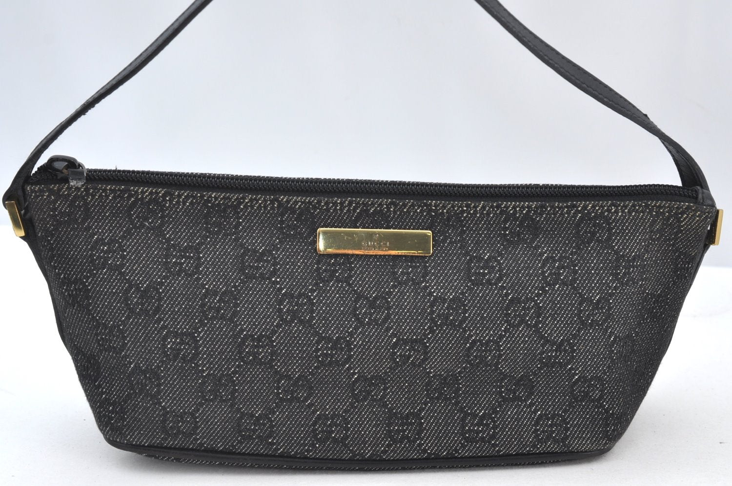 Authentic GUCCI Vintage Hand Bag Pouch Purse GG Canvas Leather 07198 Black 9212H