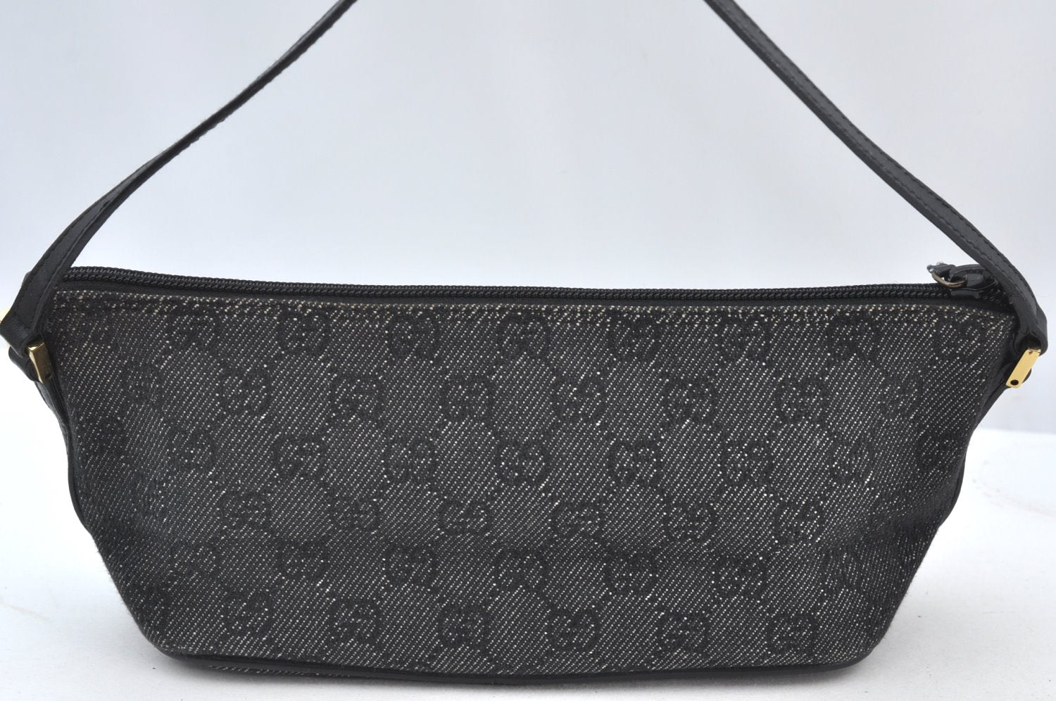 Authentic GUCCI Vintage Hand Bag Pouch Purse GG Canvas Leather 07198 Black 9212H