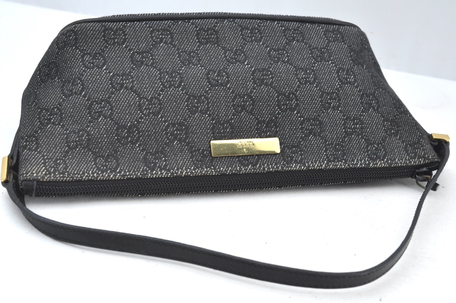 Authentic GUCCI Vintage Hand Bag Pouch Purse GG Canvas Leather 07198 Black 9212H