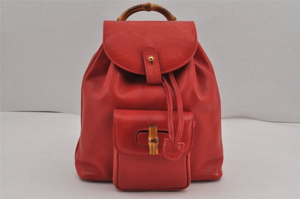 Authentic GUCCI Vintage Bamboo Drawstring Backpack Purse Leather Red 9214J