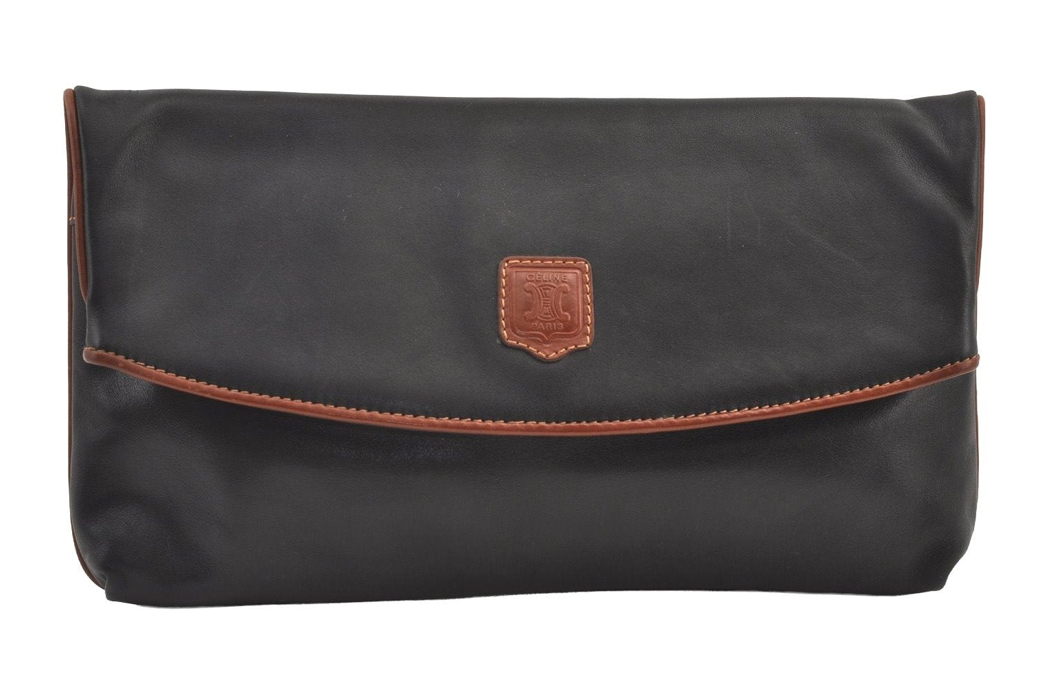 Authentic CELINE Vintage Clutch Hand Bag Purse Leather Black 9215J