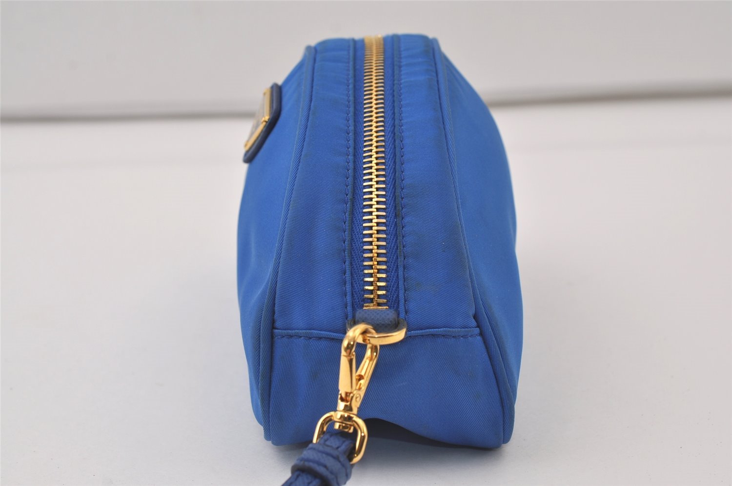 Authentic PRADA Vintage Nylon Tessuto Saffiano Leather Pouch Purse Blue 9216J