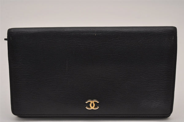 Authentic CHANEL Vintage Calf Skin Long Wallet Purse Black CC Logo 9218I