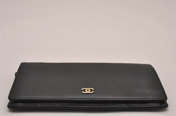 Authentic CHANEL Vintage Calf Skin Long Wallet Purse Black CC Logo 9218I