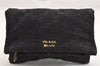 Authentic PRADA Vintage Flower Pattern Wool Clutch Hand Bag Purse Black 9218J
