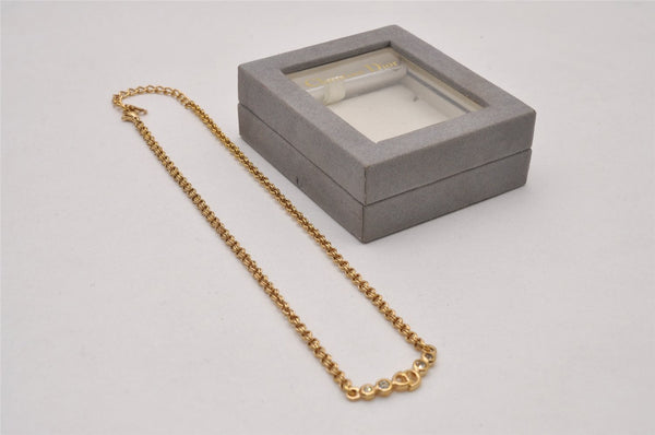 Auth Christian Dior Gold Tone Rhinestone Chain Pendant Necklace CD Box 9232I