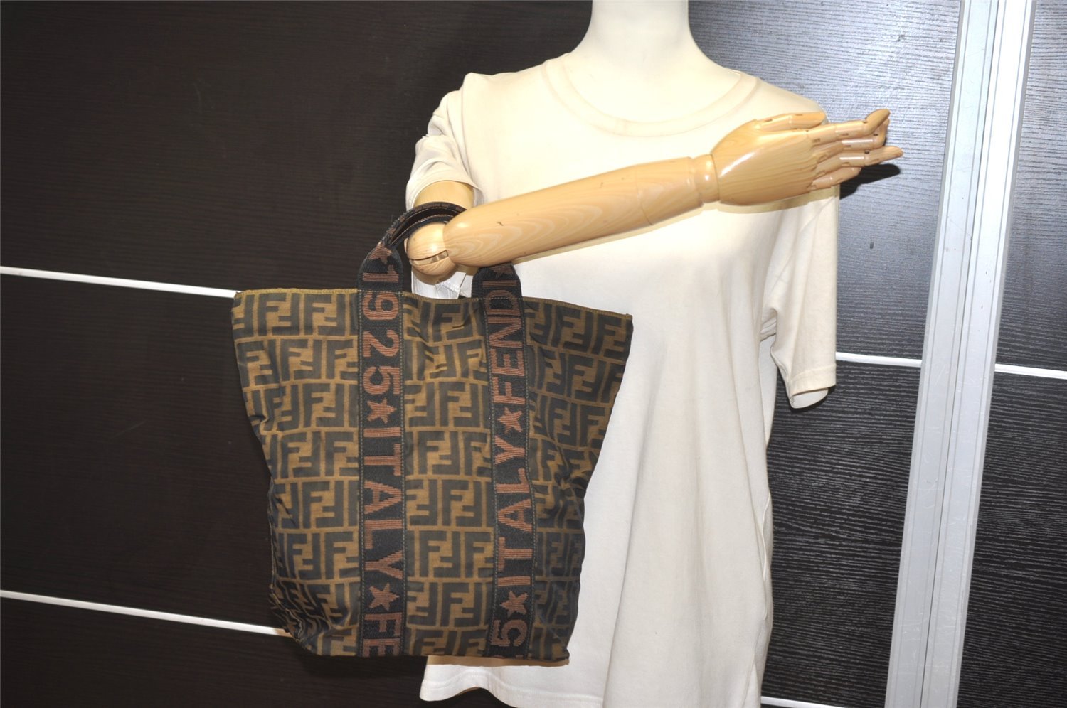 Authentic FENDI Vintage Zucca Hand Tote Bag Nylon Leather Brown 9232J