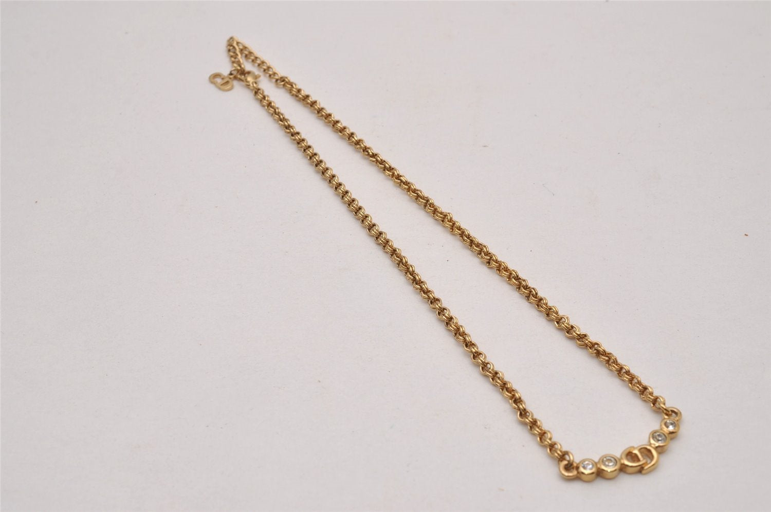 Authentic Christian Dior Gold Tone Rhinestone Chain Pendant Necklace CD 9235I