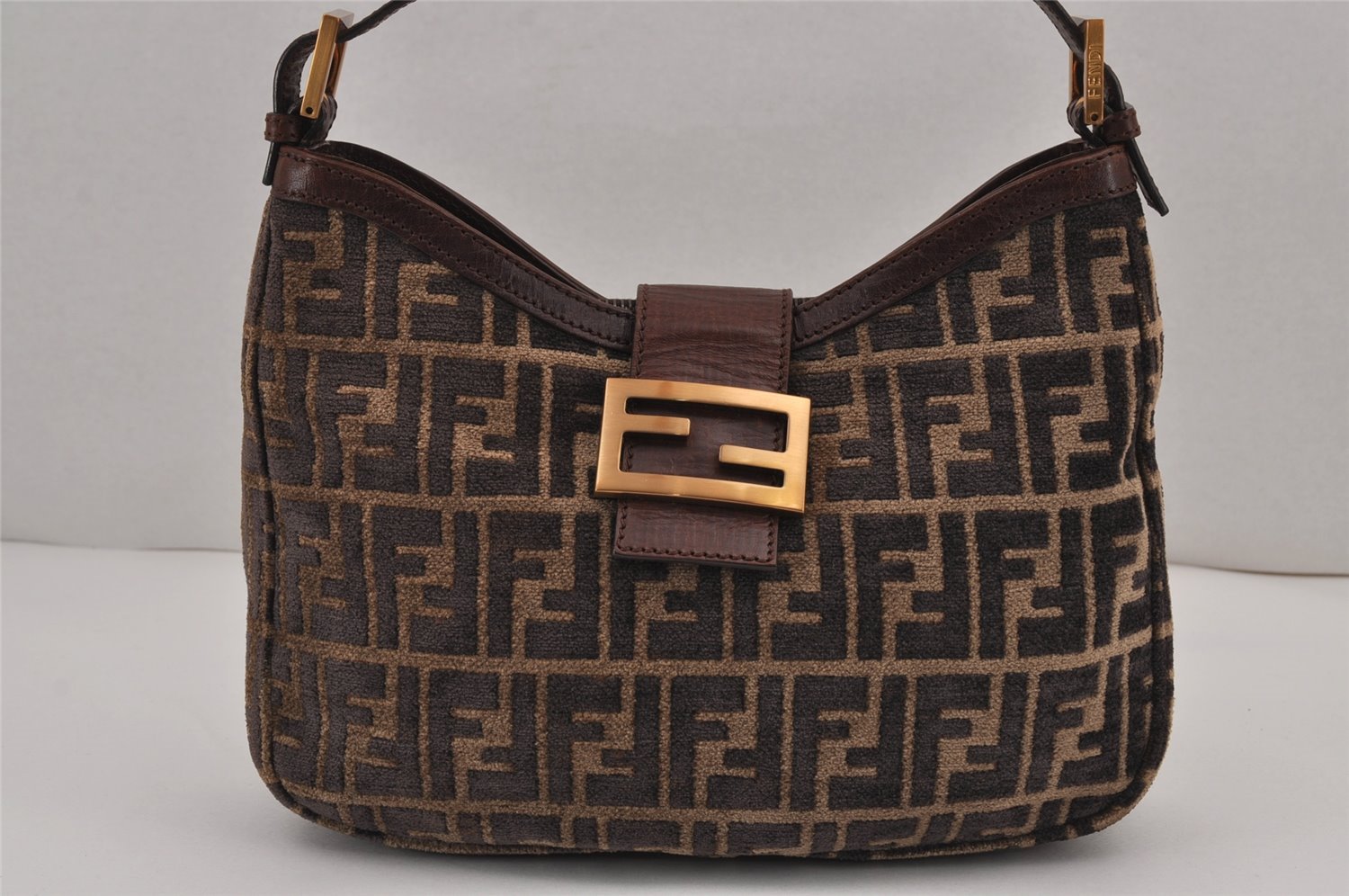 Authentic FENDI Zucca Shoulder Hand Bag Purse Velour Leather Brown 9235J