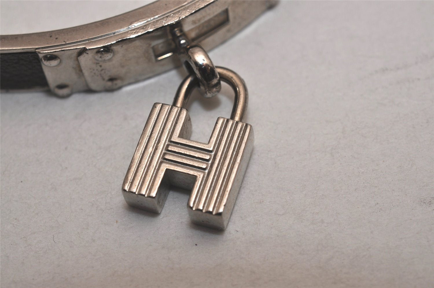 Authentic HERMES Vintage Kelly H Logo Bangle Bracelet Silver Khaki Box 9237I