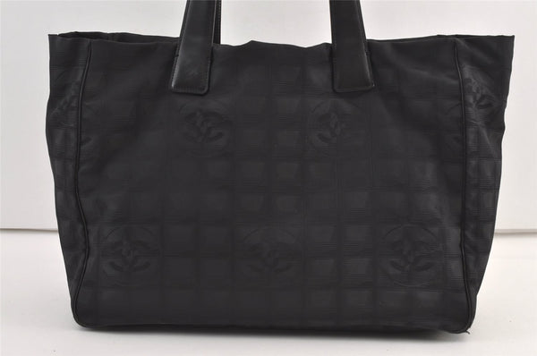 Authentic CHANEL New Travel Line Shoulder Tote Bag Nylon Leather Black 9237J