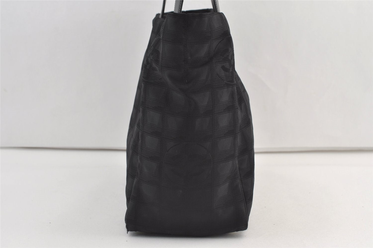Authentic CHANEL New Travel Line Shoulder Tote Bag Nylon Leather Black 9237J