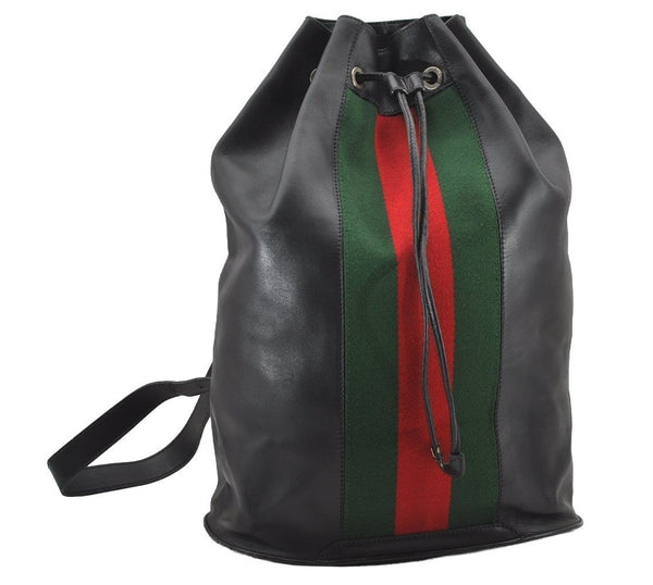 Authentic GUCCI Web Sherry Line Drawstring Backpack Leather Black Junk 9238I