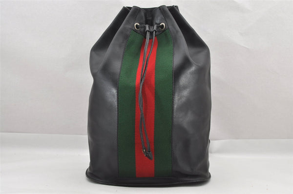 Authentic GUCCI Web Sherry Line Drawstring Backpack Leather Black Junk 9238I