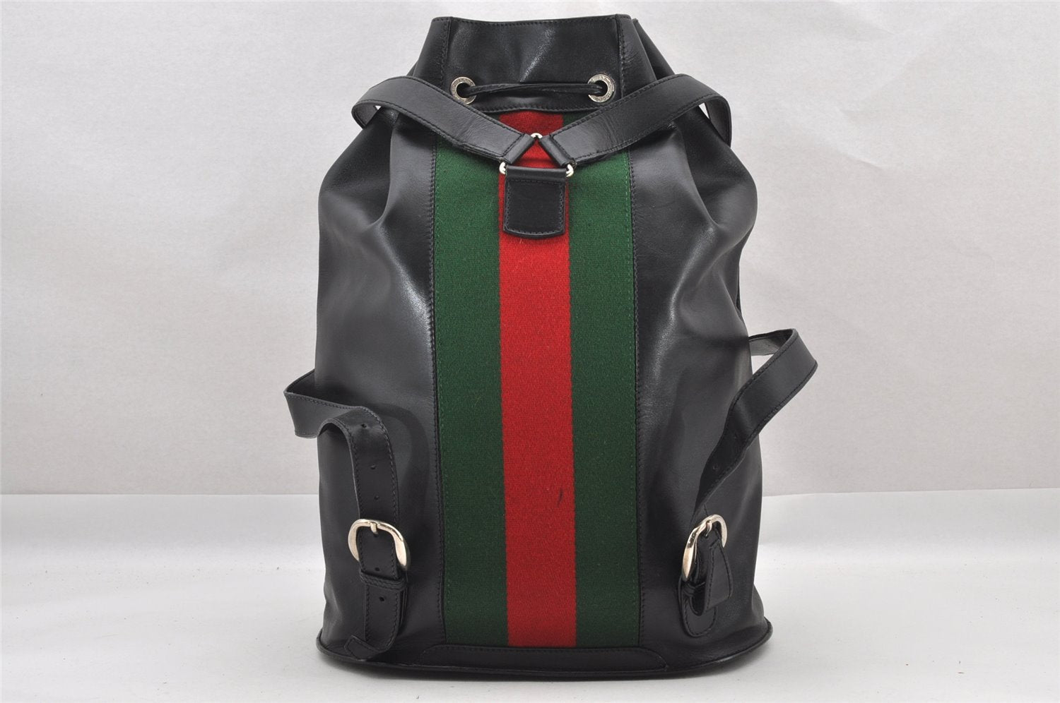 Authentic GUCCI Web Sherry Line Drawstring Backpack Leather Black Junk 9238I