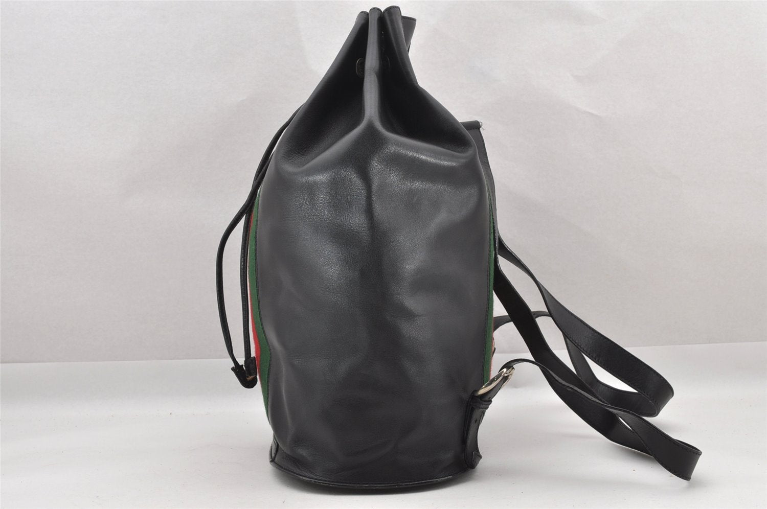 Authentic GUCCI Web Sherry Line Drawstring Backpack Leather Black Junk 9238I