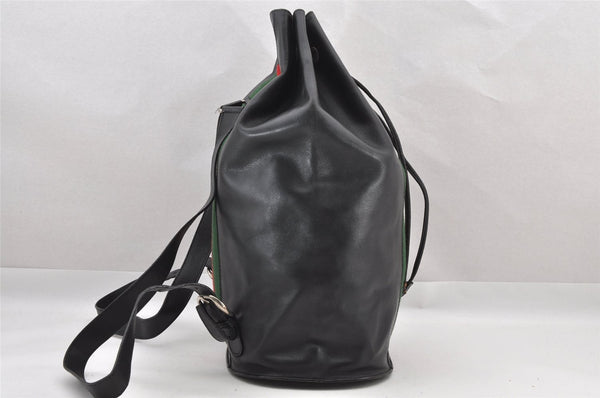 Authentic GUCCI Web Sherry Line Drawstring Backpack Leather Black Junk 9238I