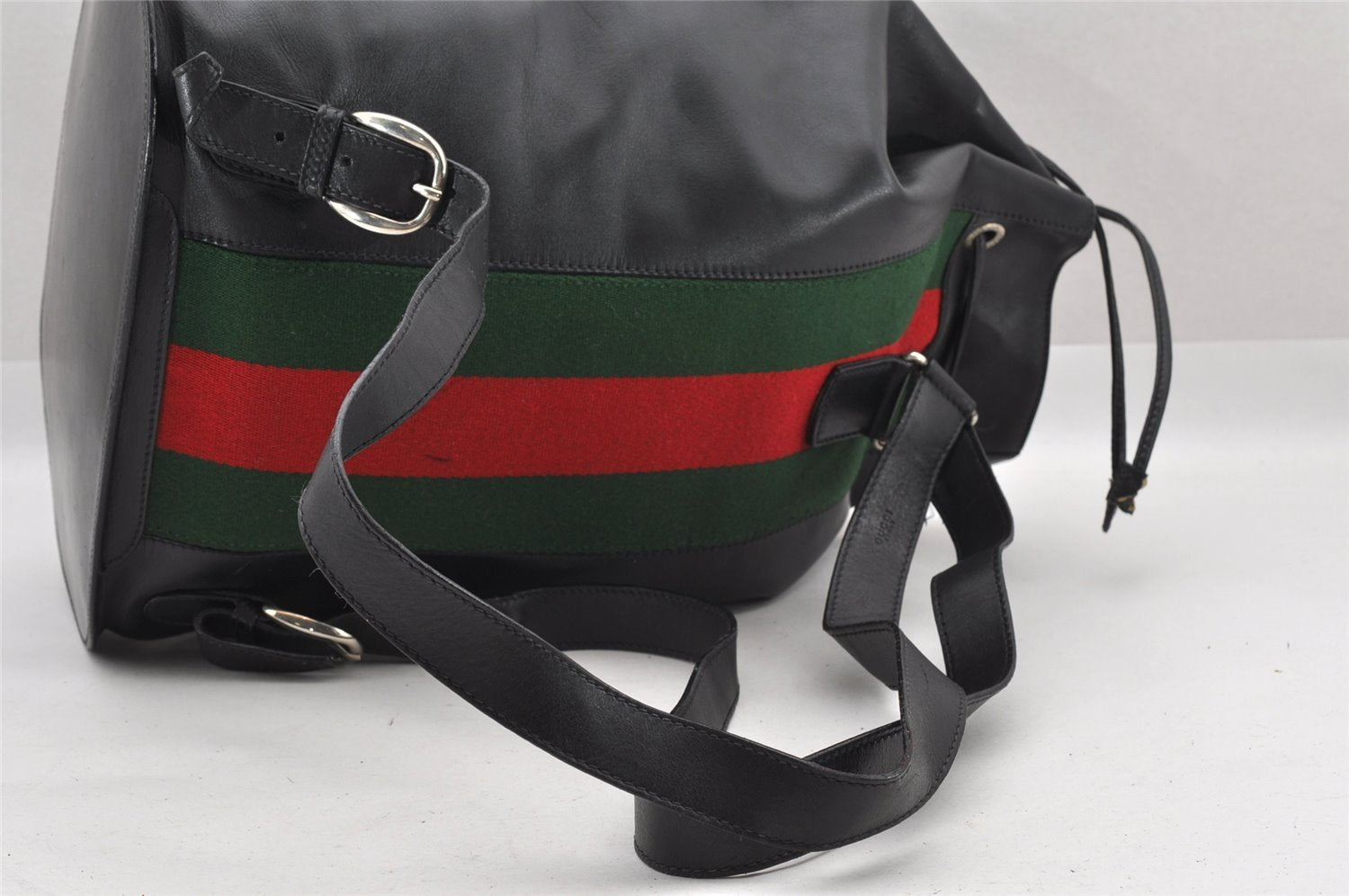 Authentic GUCCI Web Sherry Line Drawstring Backpack Leather Black Junk 9238I