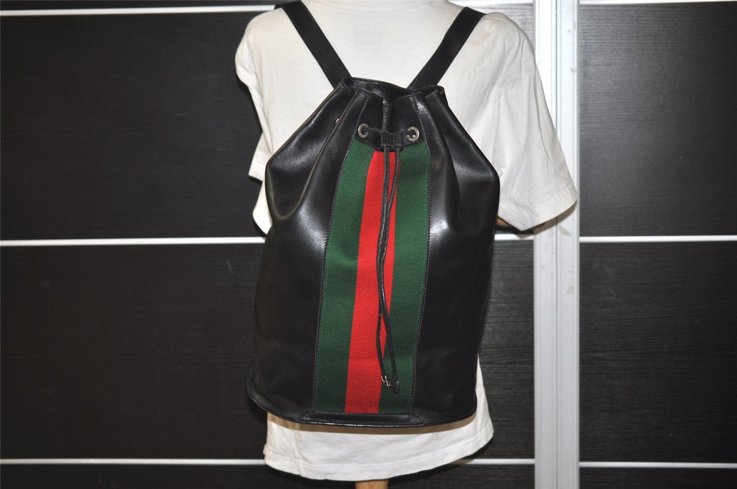 Authentic GUCCI Web Sherry Line Drawstring Backpack Leather Black Junk 9238I