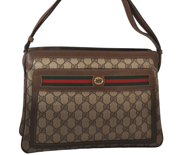 Authentic GUCCI Web Sherry Line Shoulder Bag GG PVC Leather Brown Junk 9241I