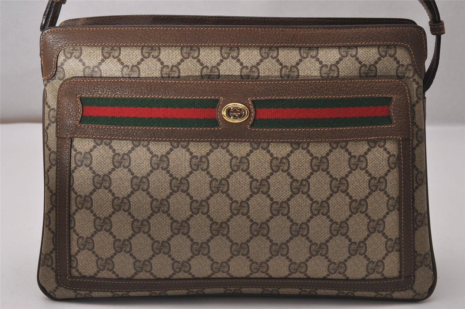 Authentic GUCCI Web Sherry Line Shoulder Bag GG PVC Leather Brown Junk 9241I