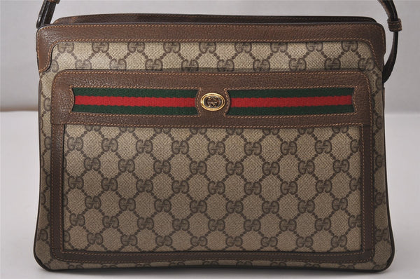 Authentic GUCCI Web Sherry Line Shoulder Bag GG PVC Leather Brown Junk 9241I