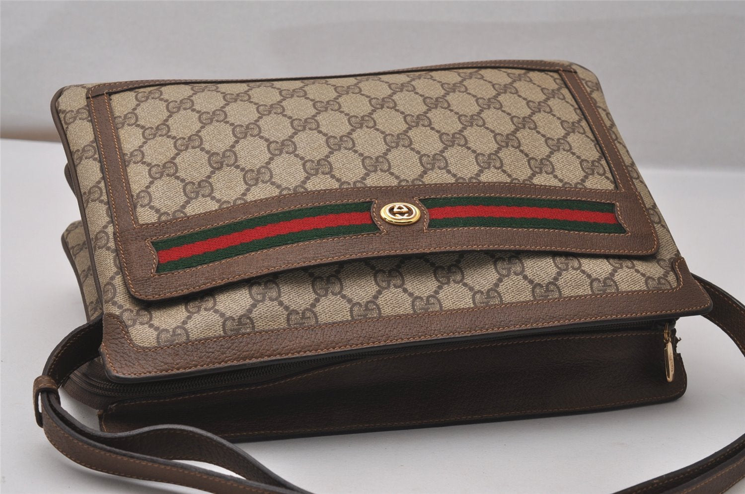Authentic GUCCI Web Sherry Line Shoulder Bag GG PVC Leather Brown Junk 9241I