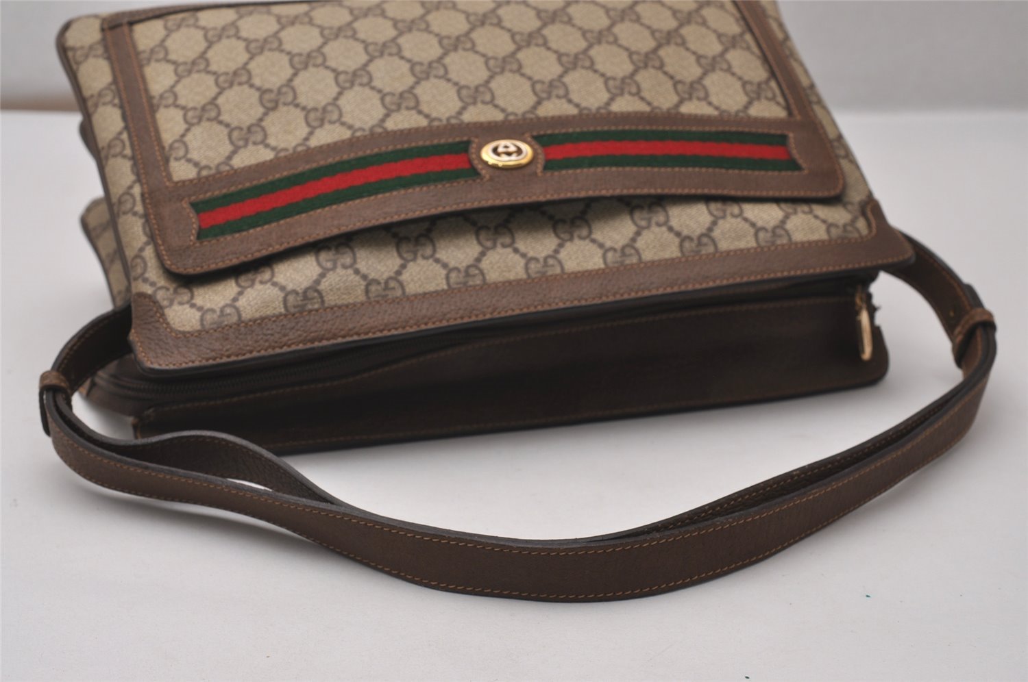 Authentic GUCCI Web Sherry Line Shoulder Bag GG PVC Leather Brown Junk 9241I